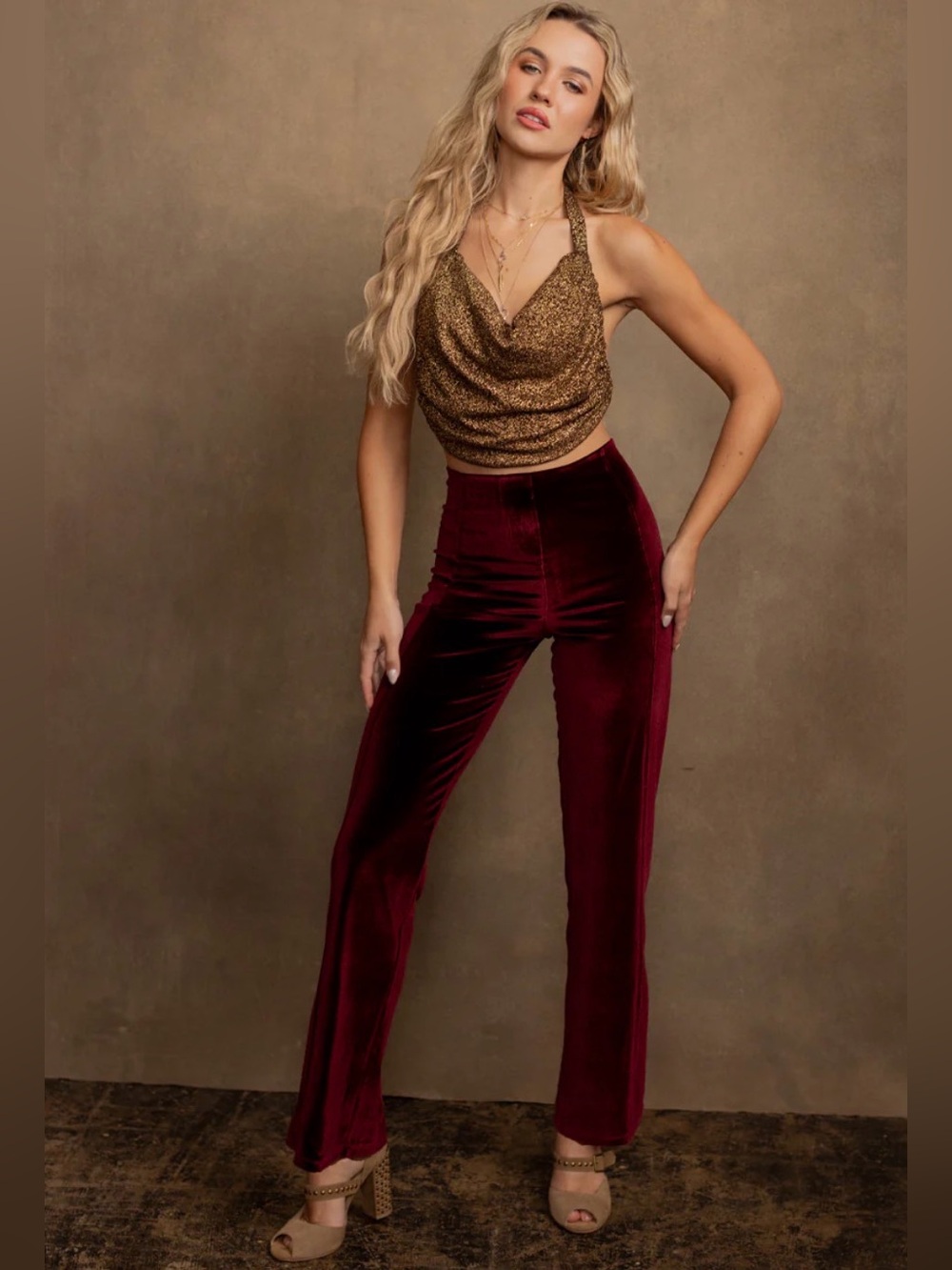 Joyfolie Velvet High-Waist Wide-Leg Pants - Wine (matching set)